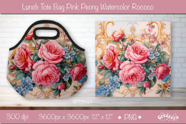 Lunch bag sublimation wrap Lunch Tote bag sublimation design Watercolor flower Pink Peony Sublimation Createya Design 