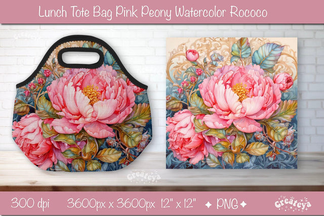 Lunch bag sublimation wrap Pink Peony background watercolor Sublimation Createya Design 