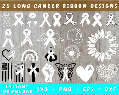 Lung Cancer Ribbon SVG Bundle, 25 Designs, Lungs Cancer Clipart, Lung Cancer PNG Files For Sublimation, White Cancer Ribbon SVG SVG HappyDesignStudio 
