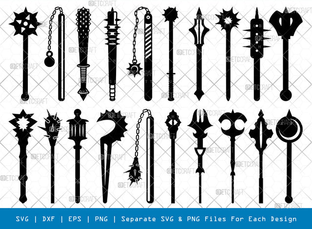 Mace SVG, Mace Silhouette, Wand Svg, Polearm Svg, Flanged Mace Svg, Weapon Svg, Flail Mace Svg, Mace Bundle SVG ETC Craft 