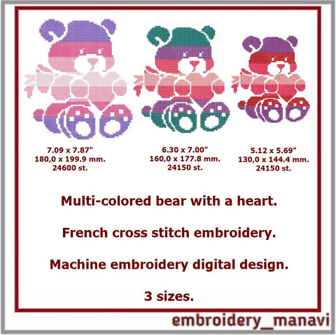 Machine embroidery design bear with a heart French cross stitch. Embroidery/Applique DESIGNS Embroidery Manavi 05 