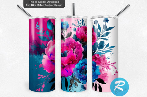 Magenta Pink Blue Ombre Flowers 20 oz / 30 oz Tumbler PNG Sublimation Regulrcrative 