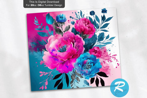 Magenta Pink Blue Ombre Flowers 20 oz / 30 oz Tumbler PNG Sublimation Regulrcrative 