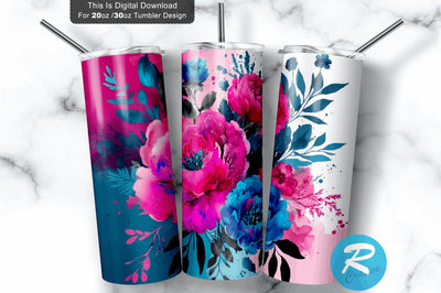Magenta Pink Blue Ombre Flowers 20 oz / 30 oz Tumbler PNG Sublimation Regulrcrative 