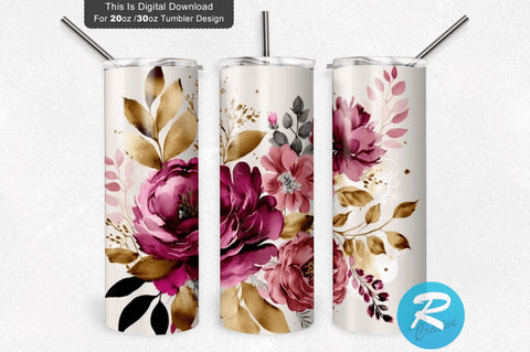 Magenta Pink Gold Blush Flowers 20 oz / 30 oz Tumbler PNG Sublimation Regulrcrative 