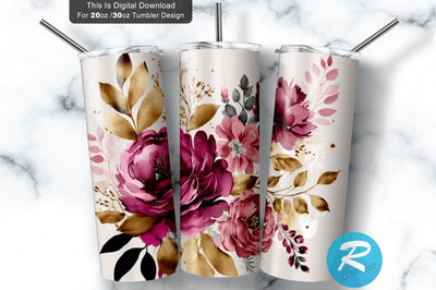 Magenta Pink Gold Blush Flowers 20 oz / 30 oz Tumbler PNG Sublimation Regulrcrative 