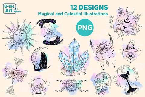 Magical and Celestial Clipart Bundle, Mystical Illustration with Watercolor Texture Sublimation Q-nie Art Space 