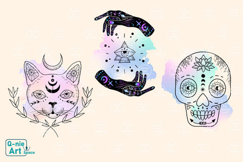 Magical and Celestial Clipart Bundle, Mystical Illustration with Watercolor Texture Sublimation Q-nie Art Space 