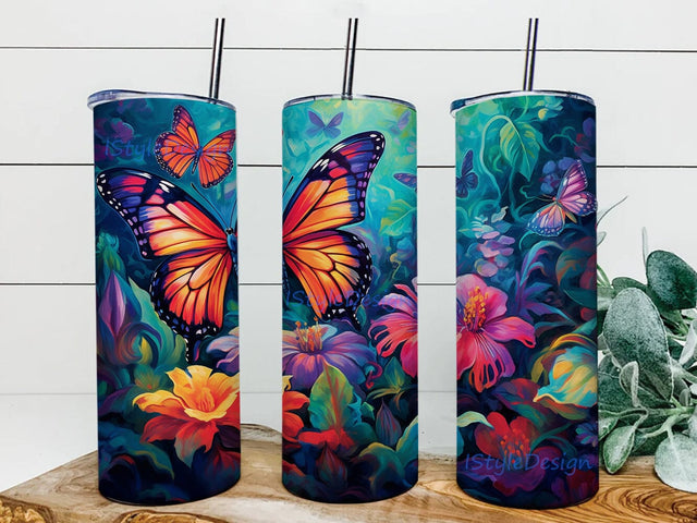 Magical Beautiful Colorful Butterflies 20oz Skinny Tumbler Png, Watercolor Flowers Tumbler, Butterflies Flowers Tumbler, Colorful Butterfly Landscape Tumbler Sublimation iStyleDesign 
