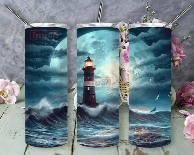 Magical Lighthouse 20oz Skinny Tumbler Png, Stormy Ocean Tumbler, Beach Life Sea Life Ocean Life Lighthouse Sailing Tumbler,Stormy Ocean Tumbler Sublimation DesignSVG 