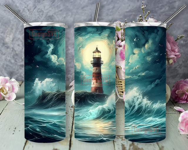 Magical Lighthouse 20oz Skinny Tumbler Png, Stormy Ocean Tumbler, Lighthouse Tumbler, Beach Life Sea Life Ocean Life Lighthouse Sailing Tumbler Sublimation DesignSVG 