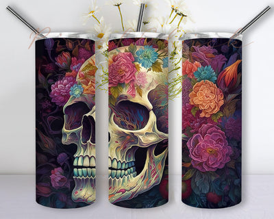 Magical Skull 20oz Skinny Tumbler Png, Ornate Floral Skeleton Tumbler, Flower Skull Tumbler Wrap For Skeleton Lover Women Sublimation PixelChick 