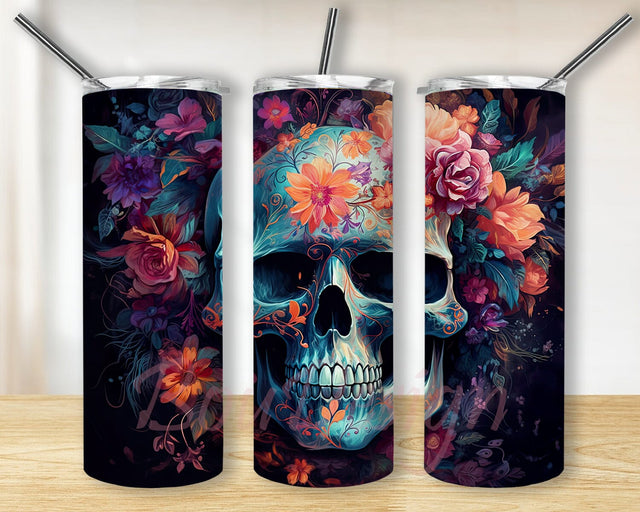 Magical Skull 20oz Skinny Tumbler Png, Tropical Floral Skeleton Tumbler, Skull Celestial Vibes Stained Glass Sublimation, Flower Skull Tumbler Sublimation BouDesign 