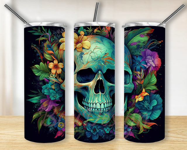 Magical Skull 20oz Skinny Tumbler Png, Tropical Floral Skeleton Tumbler, Skull Celestial Vibes Stained Glass Sublimation, Flower Skull Tumbler Sublimation BouDesign 