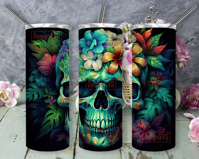 Magical Skull 20oz Skinny Tumbler Png, Tropical Floral Skeleton Tumbler, Skull Celestial Vibes Stained Glass Sublimation, Flower Skull Tumbler Sublimation DesignSVG 