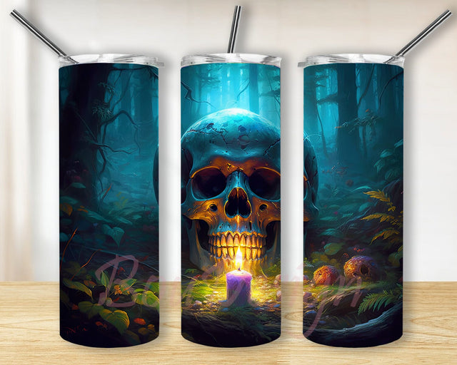 Magical Skull Forest 20oz Skinny Tumbler Png, Fairytale Forest Tumbler, Creepy Waterfall Spooky Tumbler, Witchy Design, Skinny Tumbler Designs Sublimation BouDesign 