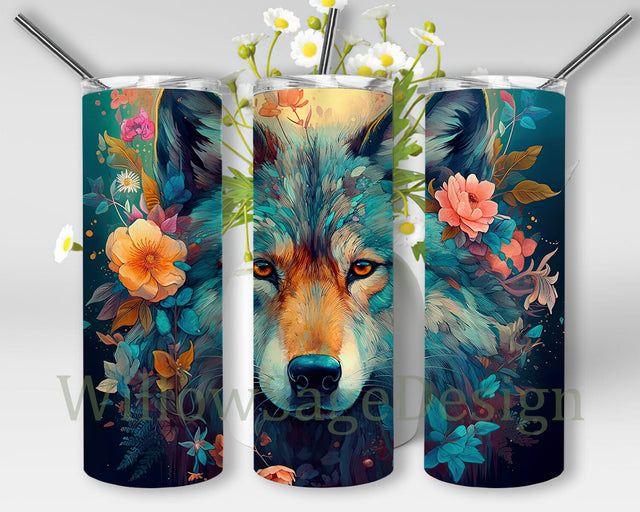 Magical Wolf 20oz Skinny Tumbler, Floral Nature Png, Animal Aztec Tribal Wolf Png, Animal Tumbler, Flowers Wolf Tumbler Png, Sublimation Png Sublimation WillowSageDesign 