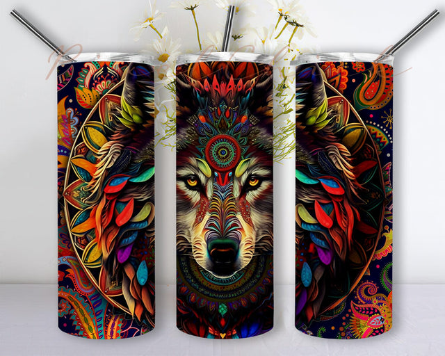 Magical Wolf 20oz Skinny Tumbler, Floral Nature Tumbler, Animal Aztec Tribal Wolf Tumbler Png, Animal Tumbler, Wolf Tumbler Png, Sublimation Png Sublimation PixelChick 