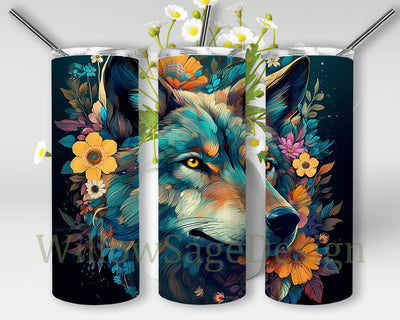 Magical Wolf 20oz Skinny Tumbler, Floral Nature Tumbler, Animal Aztec Tribal Wolf Tumbler Png, Animal Tumbler, Wolf Tumbler Png, Sublimation Png Sublimation WillowSageDesign 