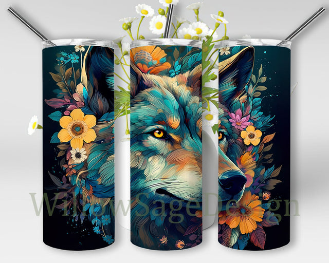 Magical Wolf 20oz Skinny Tumbler, Floral Nature Tumbler, Animal Aztec Tribal Wolf Tumbler Png, Animal Tumbler, Wolf Tumbler Png, Sublimation Png Sublimation WillowSageDesign 