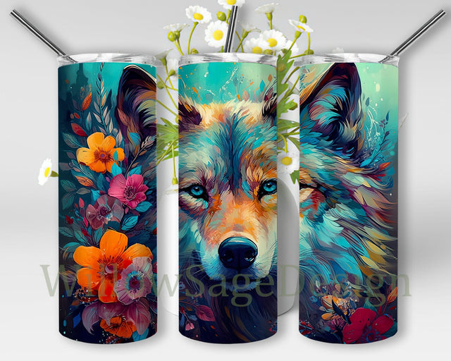 Magical Wolf 20oz Skinny Tumbler, Forest Wolf Tumbler, Floral Nature Tumbler, Watercolor Wolf Tumbler, Watercolor Wolf With Flowers Tumbler Sublimation WillowSageDesign 