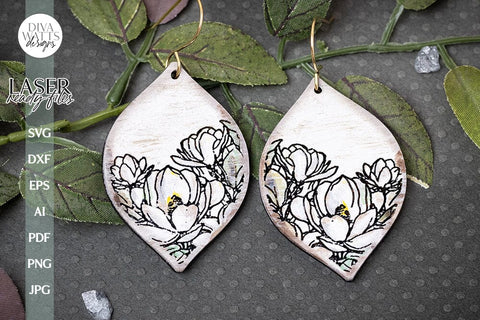 Magnolia Earrings SVG For Laser Earrings With Flowers Glowforge Earrings Magnolia Earrings For Glowforge Floral SVG Earrings File For Laser SVG Diva Watts Designs 