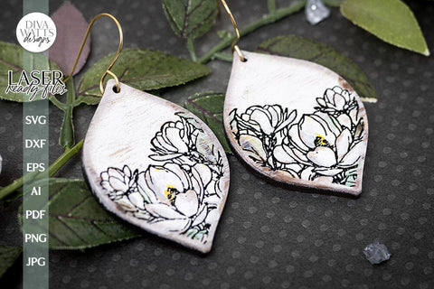 Magnolia Earrings SVG For Laser Earrings With Flowers Glowforge Earrings Magnolia Earrings For Glowforge Floral SVG Earrings File For Laser SVG Diva Watts Designs 