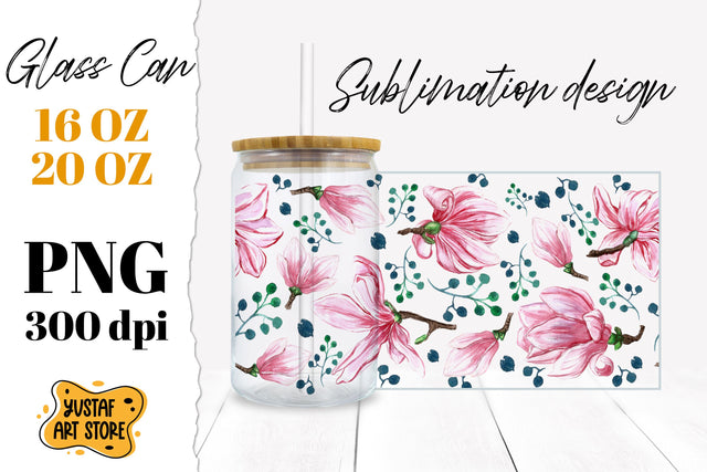 Magnolia Flowers Glass Can Sublimation. Sublimation Yustaf Art Store 