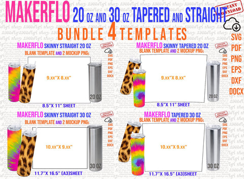 Makerflo Template, makerflo Bundle 4 Templates, 20 oz and 30 oz Straight and Tapered, Cricut Silhouette, Svg, Png, Pdf, Dxf, Eps, Docx SVG 1966digi 