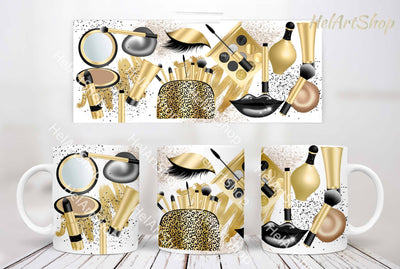 Makeup Mug PNG, Gold Cosmetics Mug Png Sublimation _HelArtShop_ 