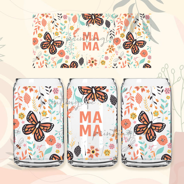 Mama 16 Oz Glass Can Wrap Png, Butterfly Png, Retro Glass Beer Can Wrap Png, Trendy Summer Png, Spring Png Sublimation PrintingLife 
