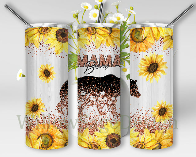 Mama Bear Glitter Tumbler Png, Bear Sunflower 20oz Skinny Tumbler, Bear Sublimation Design, Sunflower Tumbler Wrap, Mother’s Day Gift, Instant Download Sublimation WillowSageDesign 