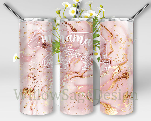 Mama Bear Tumbler Design, Floral Mama Bear 20oz Skinny Tumbler, Pink Gold Milky Way Glitter Full Tumbler Wrap, Mothers Day Gift, Mama Sublimation Design for Straight, Instant Download Sublimation WillowSageDesign 