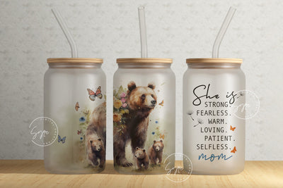 Mama Bear Tumbler, Gift for Animal lover, Mother's Day Bear Mom Quote Floral Tumbler, 16 oz Libbey Glass Can Tumbler, She Is Strong, Digital Sublimation Syre Digital Creations 