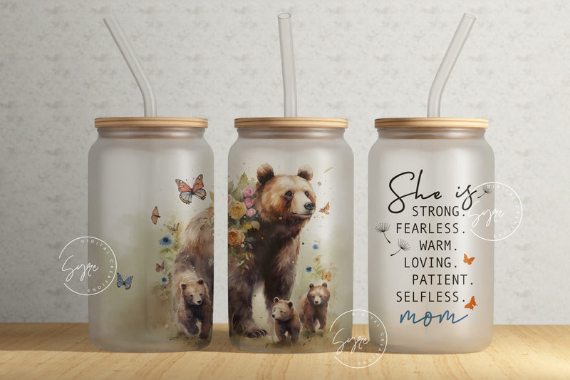 Mama Bear Tumbler, Gift for Animal lover, Mother's Day Bear Mom Quote Floral Tumbler, 16 oz Libbey Glass Can Tumbler, She Is Strong, Digital Sublimation Syre Digital Creations 