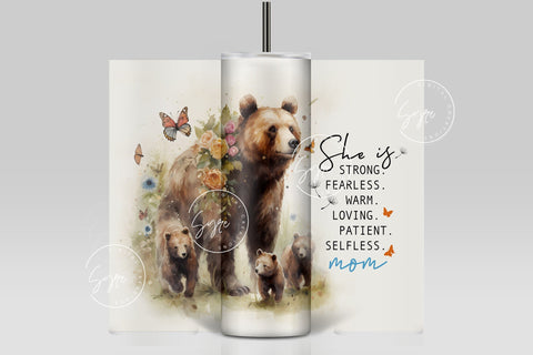 Mama Bear Tumbler, Gift for Mom, Mother's Day Bear Mama Quote Floral Tumbler, 20oz Skinny Tumbler Sublimation, She Is Strong, Digital File Sublimation Syre Digital Creations 