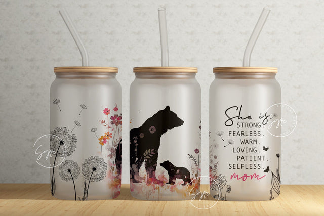 Mama Bear With Cubs, Mother's Day Tumbler Wrap PNG, Floral Tumbler Wrap, 16 oz Libbey Glass Can Tumbler, Seamless Sublimation Design Sublimation Syre Digital Creations 