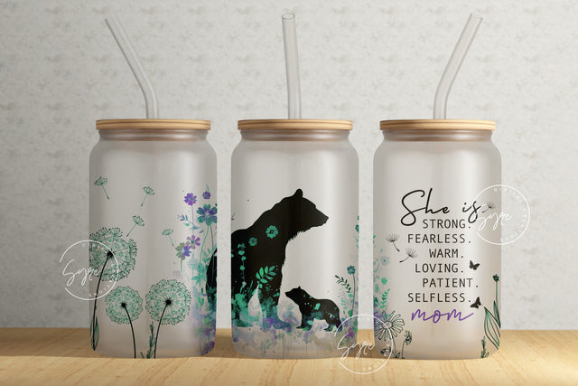 Mama Bear With Cubs, Mother's Day Tumbler Wrap PNG, Floral Tumbler Wrap, 16 oz Libbey Glass Can Tumbler, Seamless Sublimation Design Sublimation Syre Digital Creations 