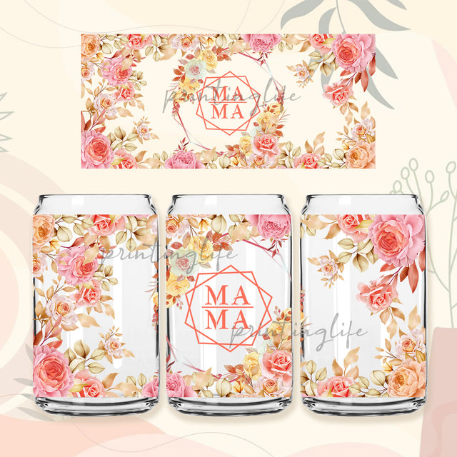 Mama Flower 16 oz Libbey Glass Can Tumbler Png, Mum life floral Sublimation Design Tumbler Wrap, Waterslide glass can 16 oz Sublimation PrintingLife 