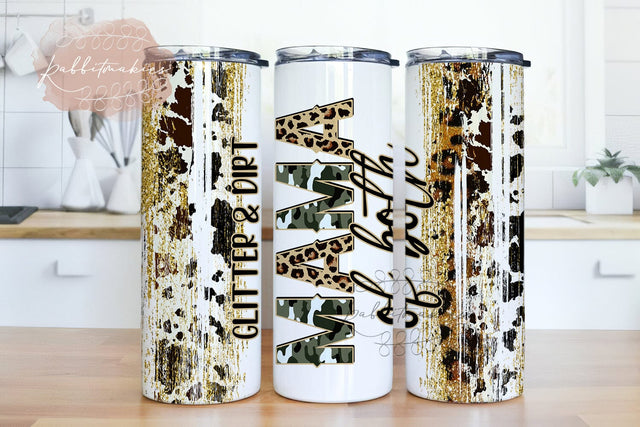 Mama Glitter & Dirt Mom of Both Leopard Cheetah Glitter Sublimation Designs Template Straight PNG File Download 20oz Skinny Tumbler Sublimation Rabbitmakies 
