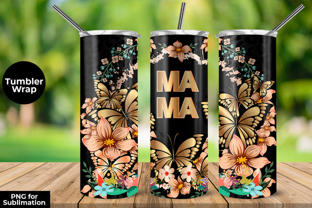 MAMA Gold Butterflies & Flowers 20 oz Skinny Tumbler Wrap Sublimation Design Sublimation Sublimatiz Designs 