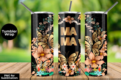MAMA Gold Butterflies & Flowers 20 oz Skinny Tumbler Wrap Sublimation Design Sublimation Sublimatiz Designs 