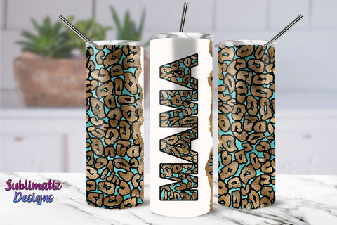 MAMA Leopard Glitter Sublimation Tumbler Wrap Turquoise 20 oz Skinny Tumbler Wrap Design Sublimation Sublimatiz Designs 