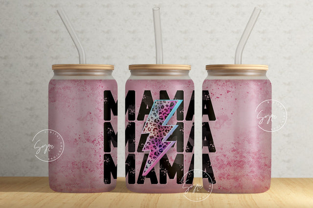 MAMA Lightning Bolt Tumbler, Cheetah Print, Mama Tumbler, Mother's Day Tumbler Wrap, 16 oz Libbey Glass Can Tumbler Sublimation PNG Sublimation Syre Digital Creations 