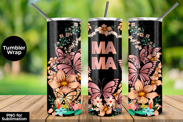 MAMA Lilac Butterflies & Flowers 20 oz Skinny Tumbler Wrap Sublimation Design Sublimation Sublimatiz Designs 