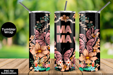 MAMA Lilac Butterflies & Flowers 20 oz Skinny Tumbler Wrap Sublimation Design Sublimation Sublimatiz Designs 