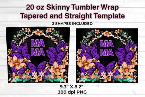 MAMA Purple Butterflies & Flowers 20 oz Skinny Tumbler Wrap Sublimation Design Sublimation Sublimatiz Designs 
