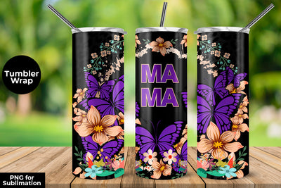 MAMA Purple Butterflies & Flowers 20 oz Skinny Tumbler Wrap Sublimation Design Sublimation Sublimatiz Designs 