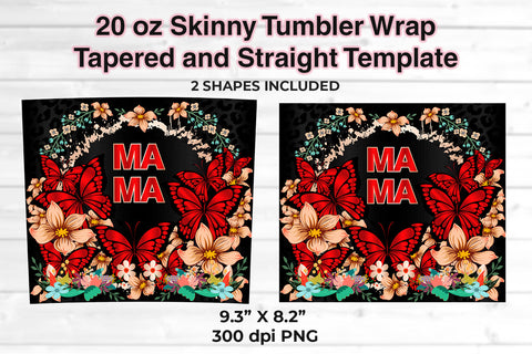 MAMA Red Butterflies & Flowers 20 oz Skinny Tumbler Wrap Sublimation Design Sublimation Sublimatiz Designs 