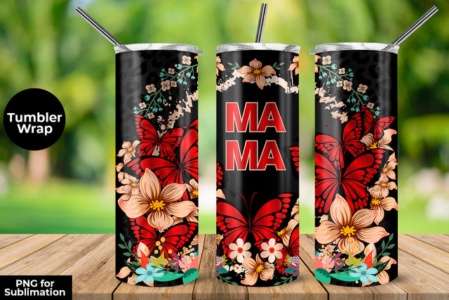 MAMA Red Butterflies & Flowers 20 oz Skinny Tumbler Wrap Sublimation Design Sublimation Sublimatiz Designs 